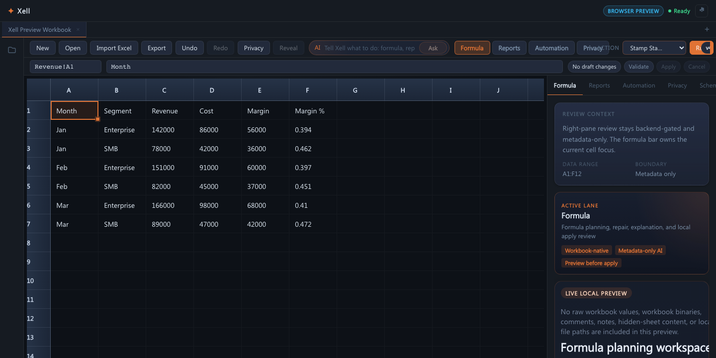 Xell local spreadsheet workspace with metadata-only AI review pane